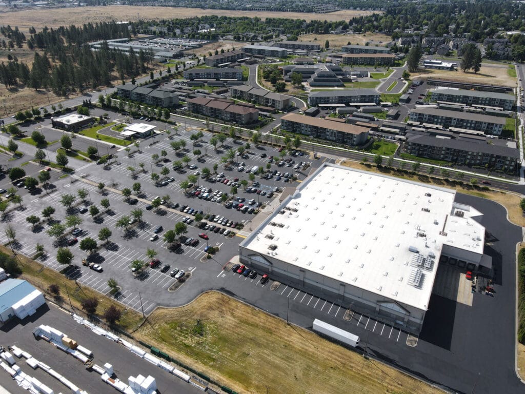 WinCo Foods Parking Lot Asphalt Maintenance Aerial view of the completed WinCo Foods parking lot maintenance project in Spokane, Washington.
